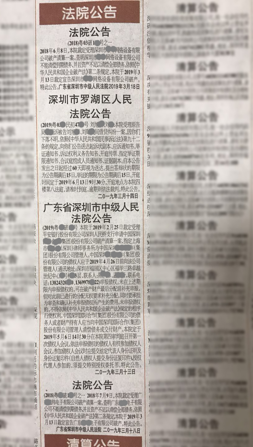 法院公告《深圳特区报》上的报样